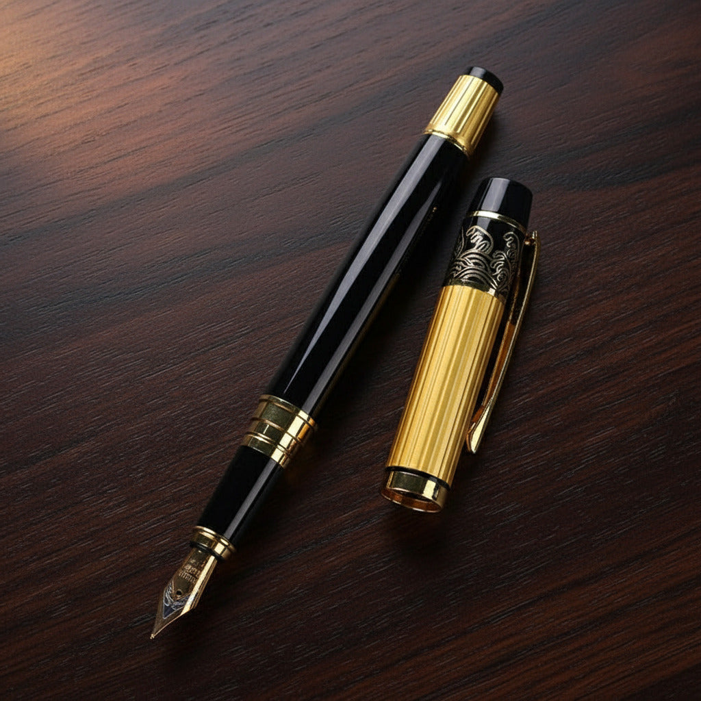 Black and gold fountain pen on a dark wooden background
