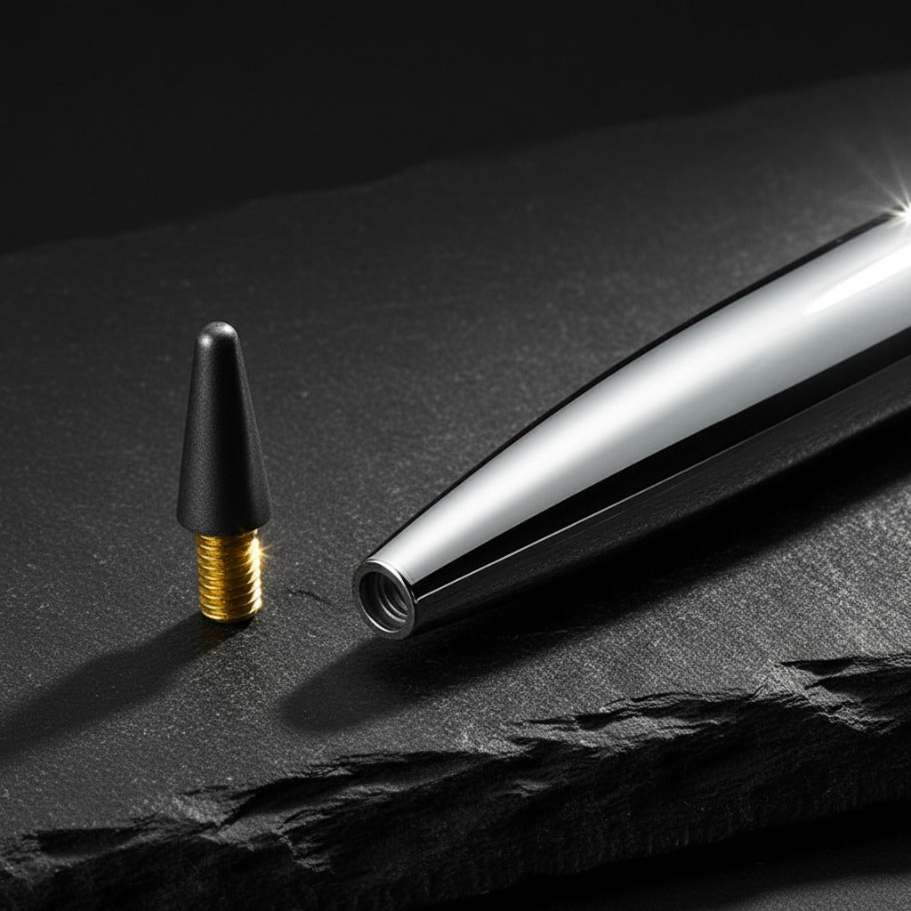 silver pen pencil with forever lead-free nib on black stone surface against black background