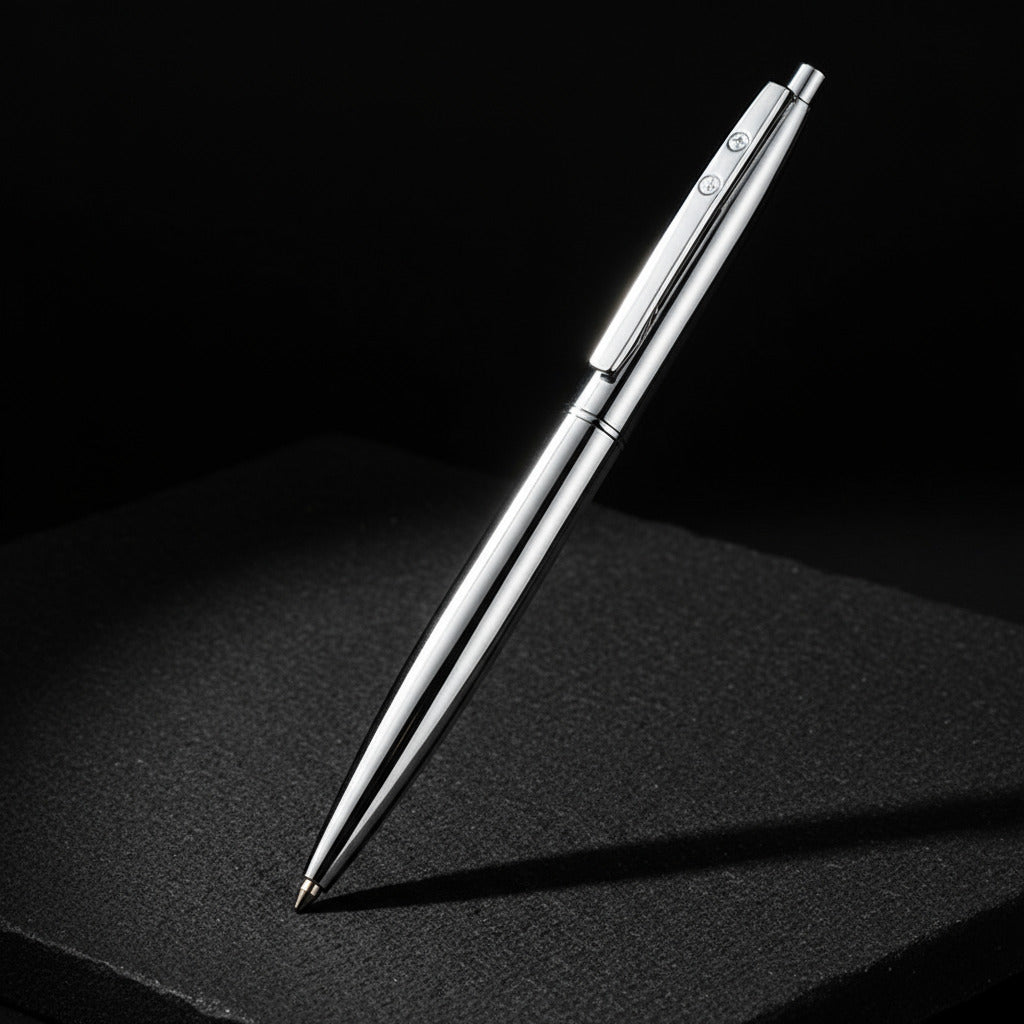 silver pen pencil on black stone surface against black background
