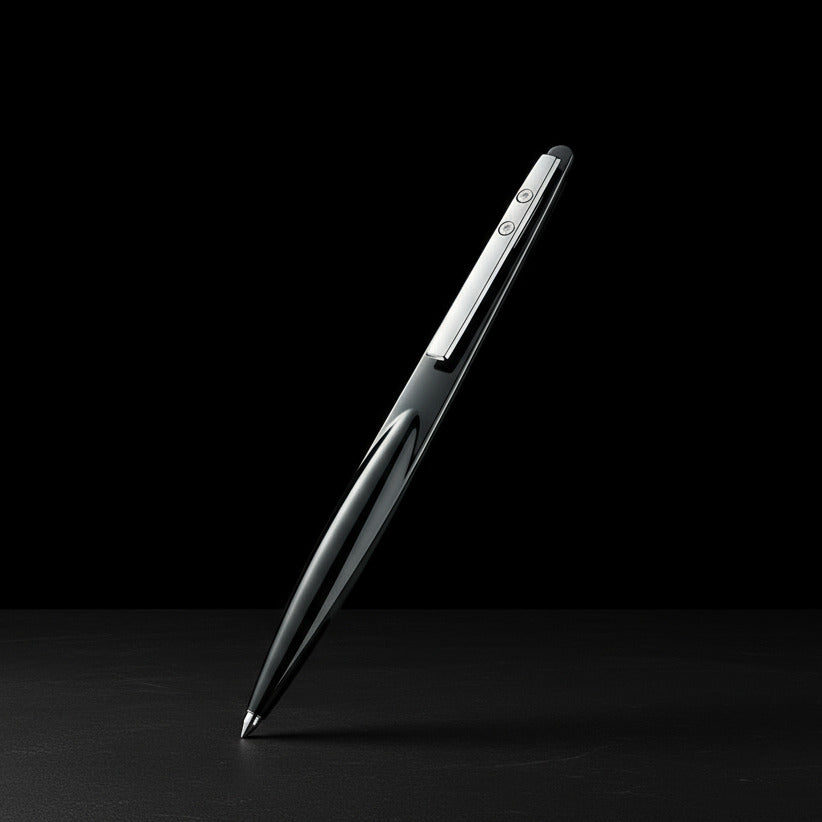 silver pen pencil on black stone surface against black background