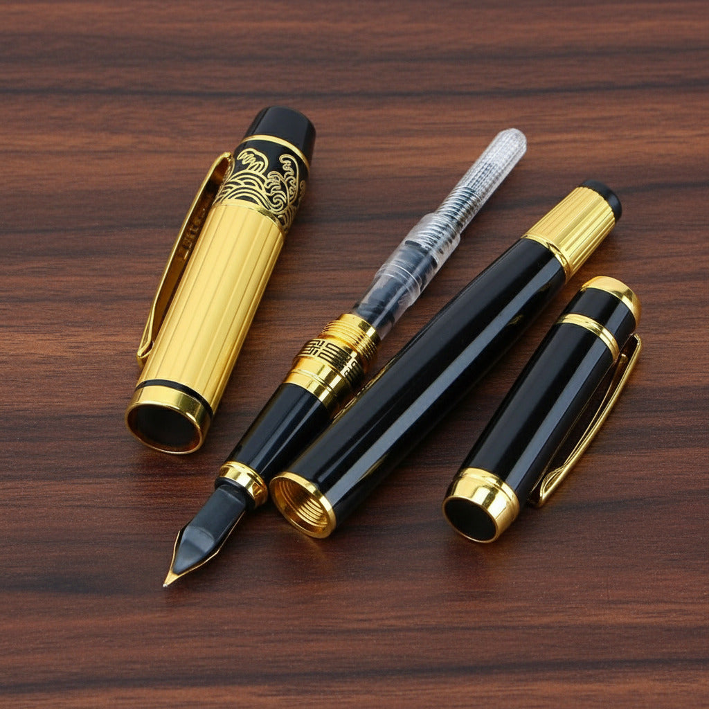 Fountain pen with gold accents on a brown surface