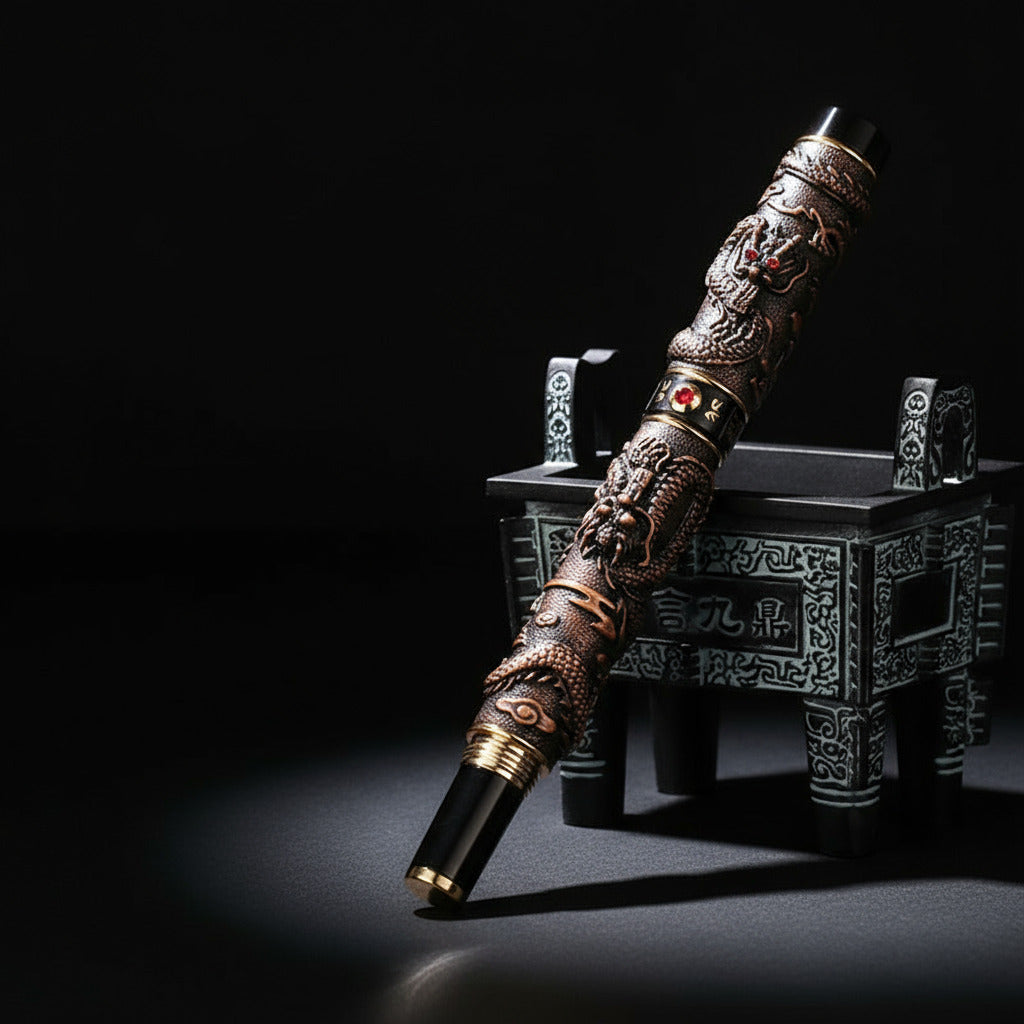 Japanese-style decorative fountain pen set up against ornate display stand on black background