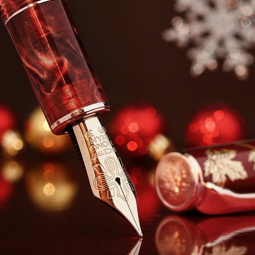 Close-up of a red fountain pen with gold accents on a red background