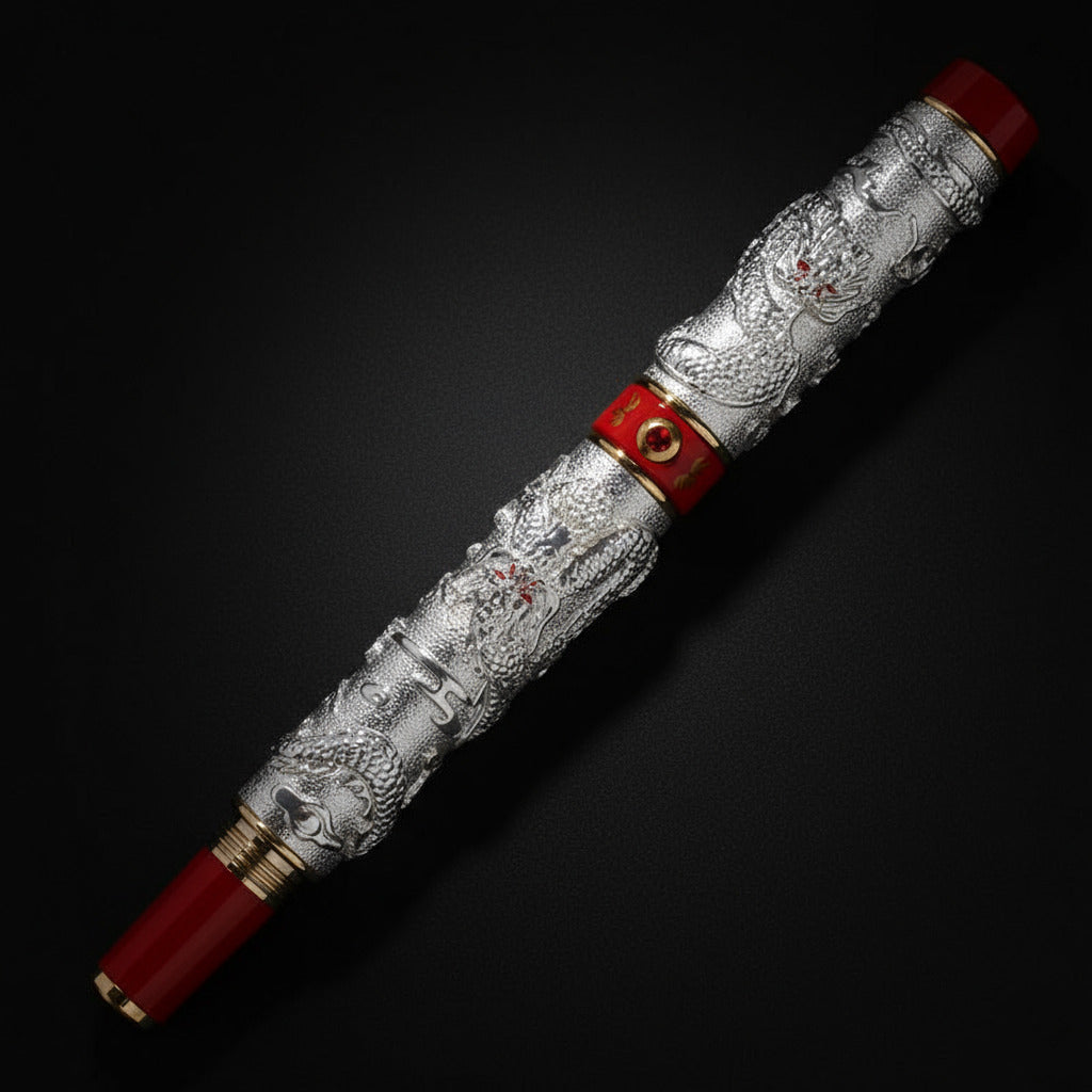 Japanese-style decorative fountain pen set on black background