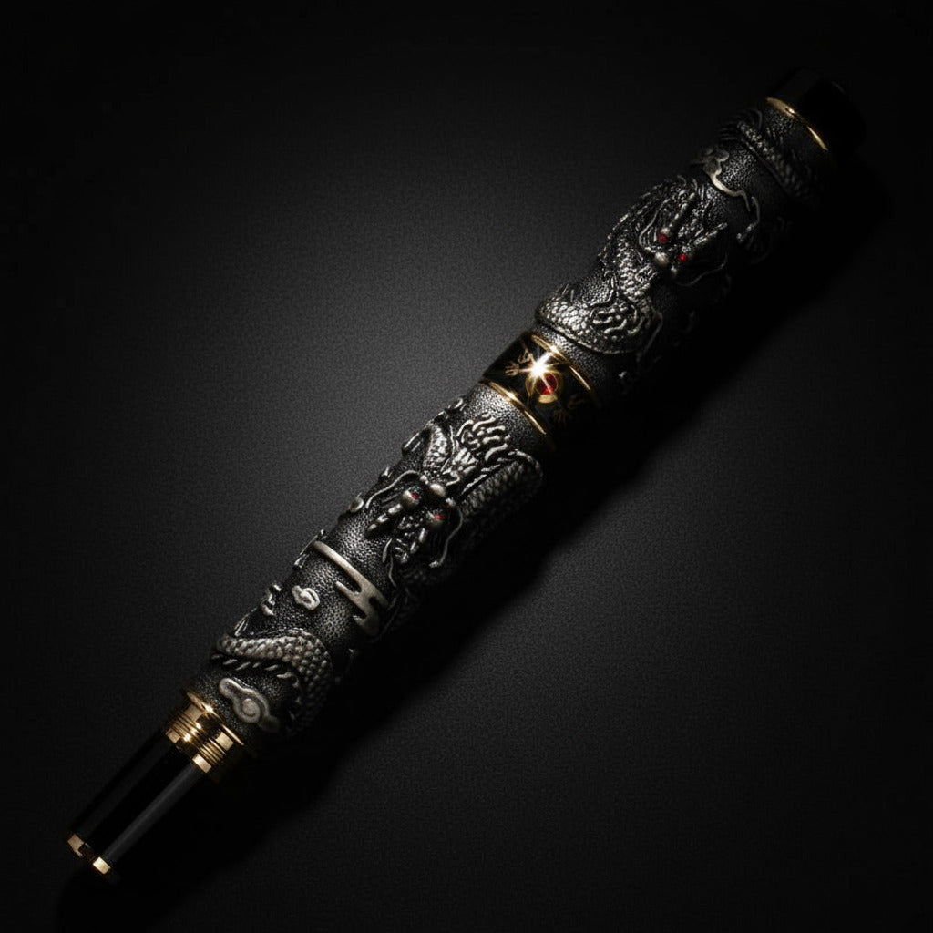 Japanese-style decorative fountain pen on black background