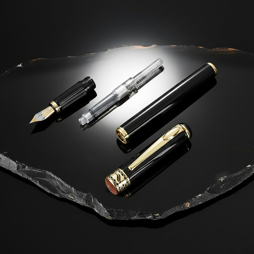 Fountain pen set with black and gold accents on a dark surface