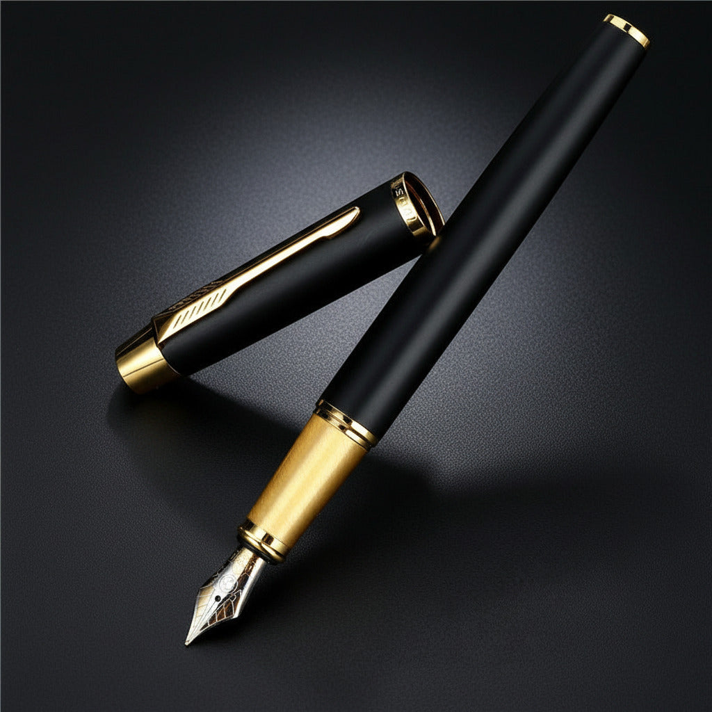 Black and gold fountain pen on a dark surface