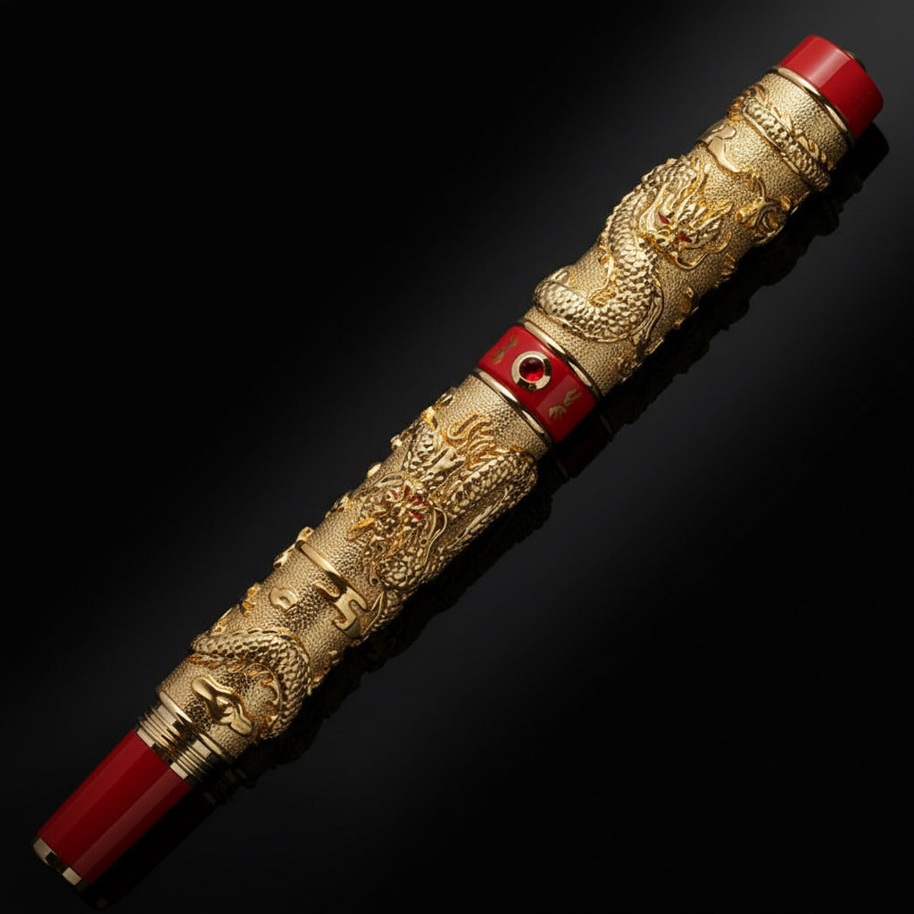 Japanese-style decorative fountain pen set on black background