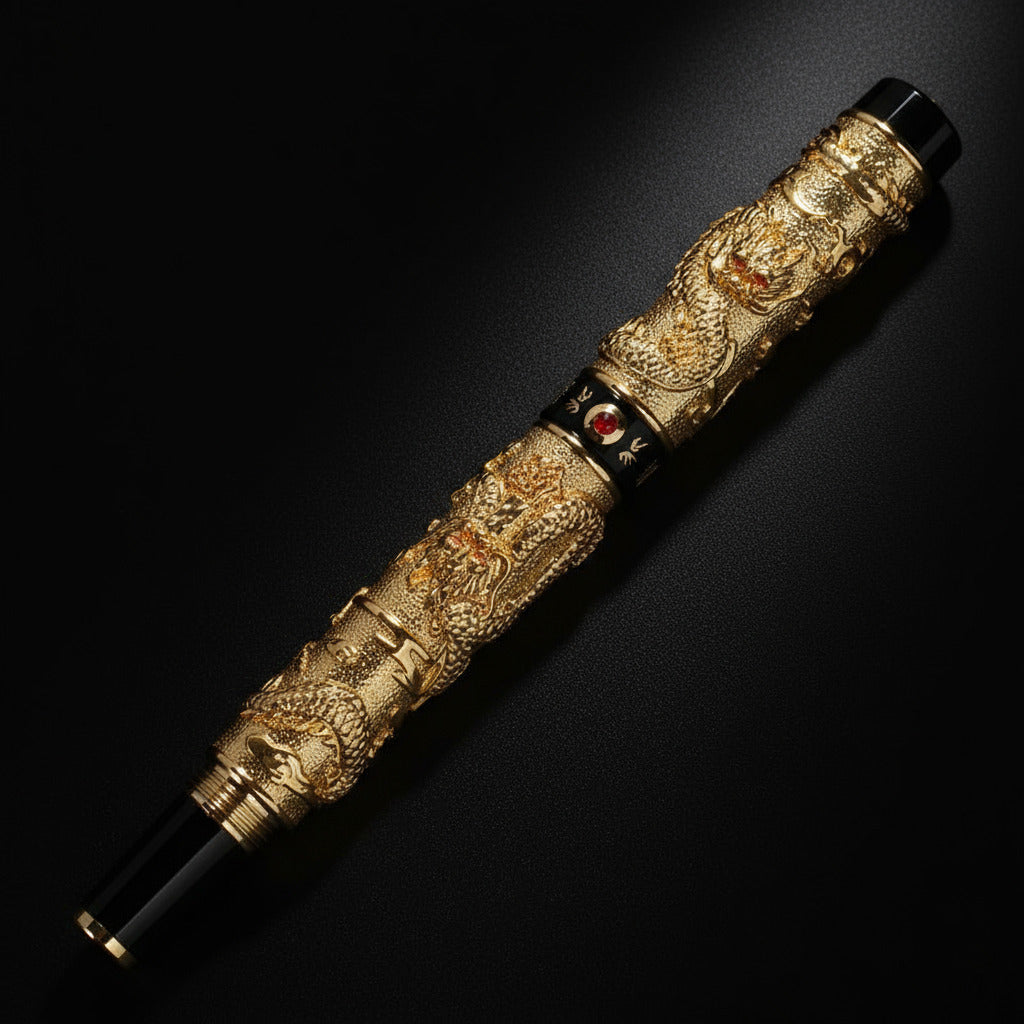 Japanese-style decorative fountain pen set on black background