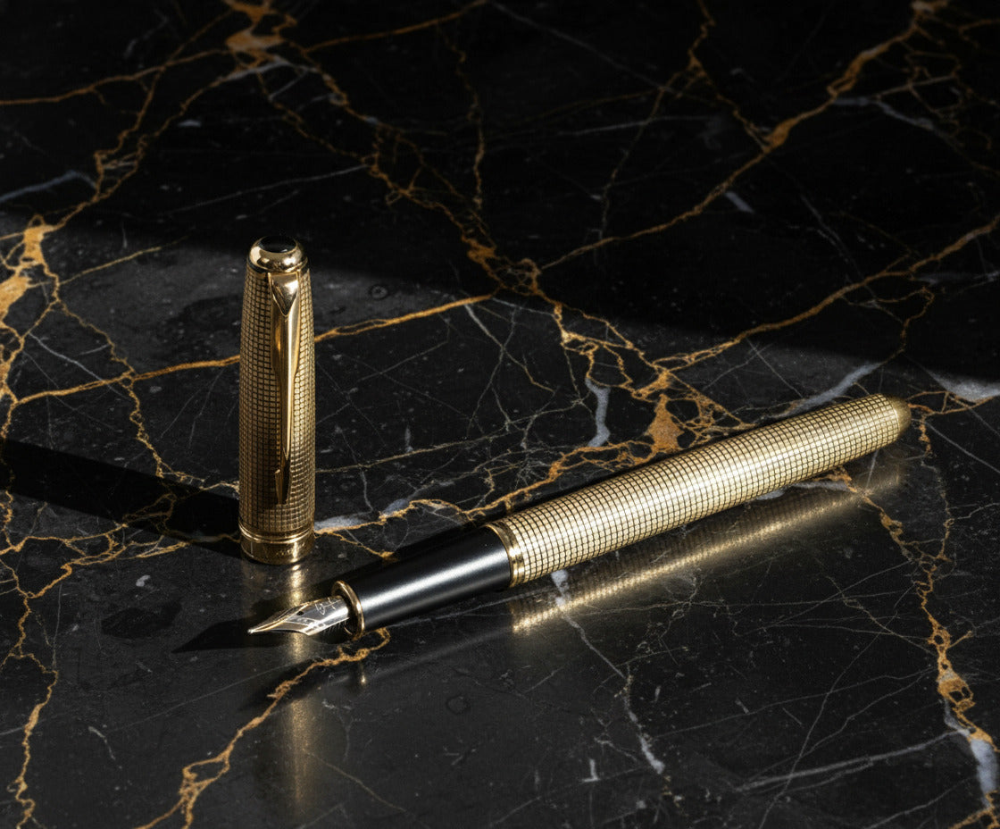 Fountain pen with detailed design on a black and gold marble background