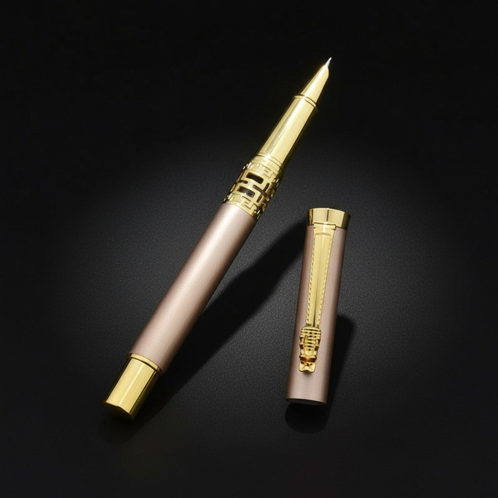Fountain pen with gold accents on a black background