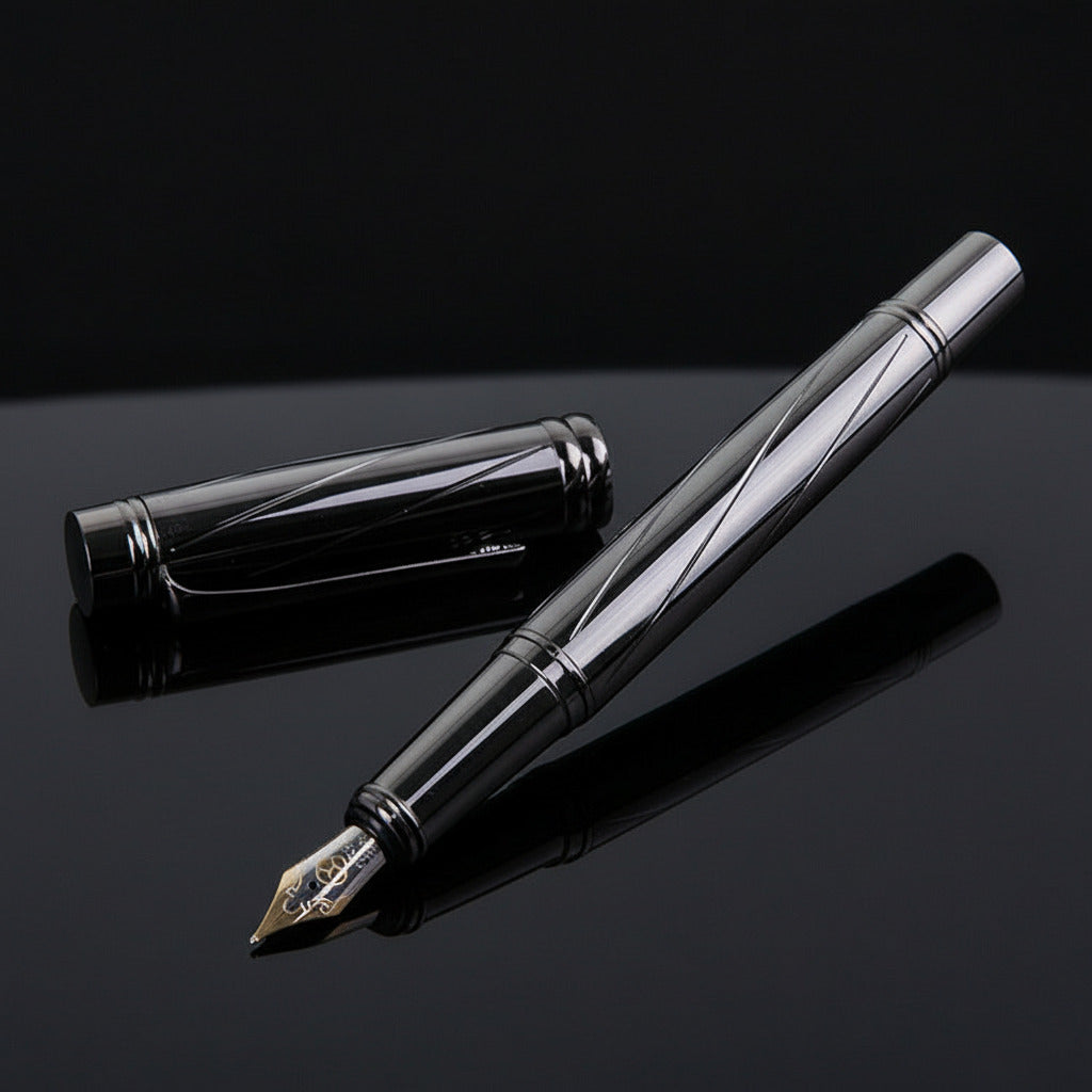 Fountain pen on a dark surface with a black notebook in the background