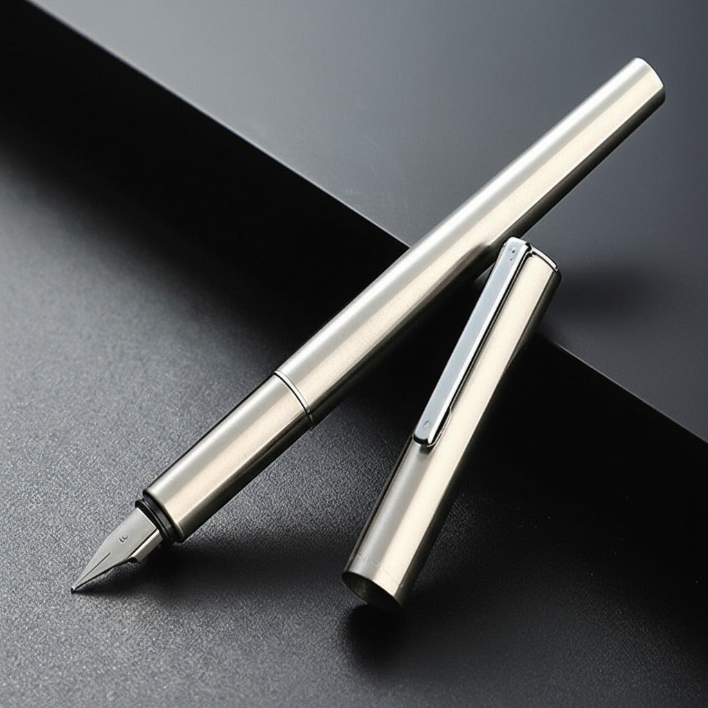 Silver fountain pen on a dark gray background