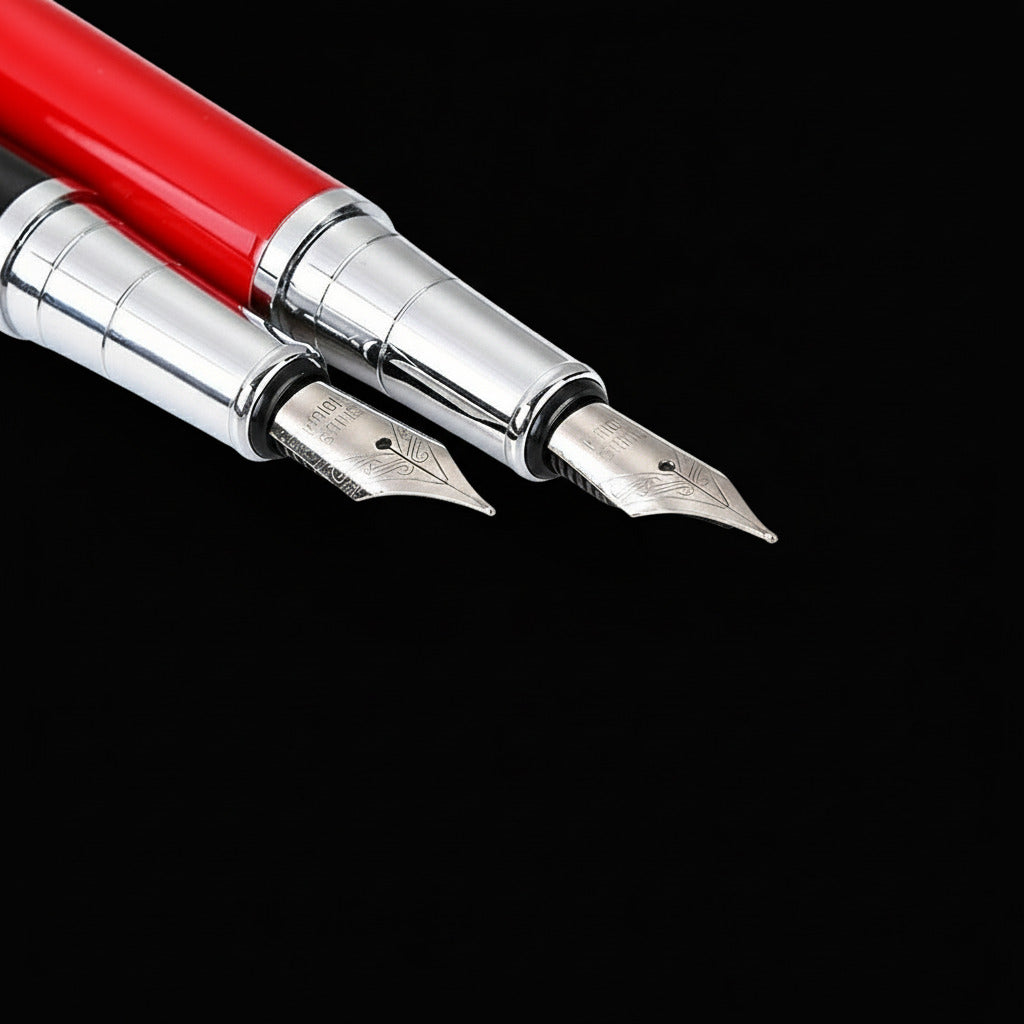 Red and black fountain pens on black surface