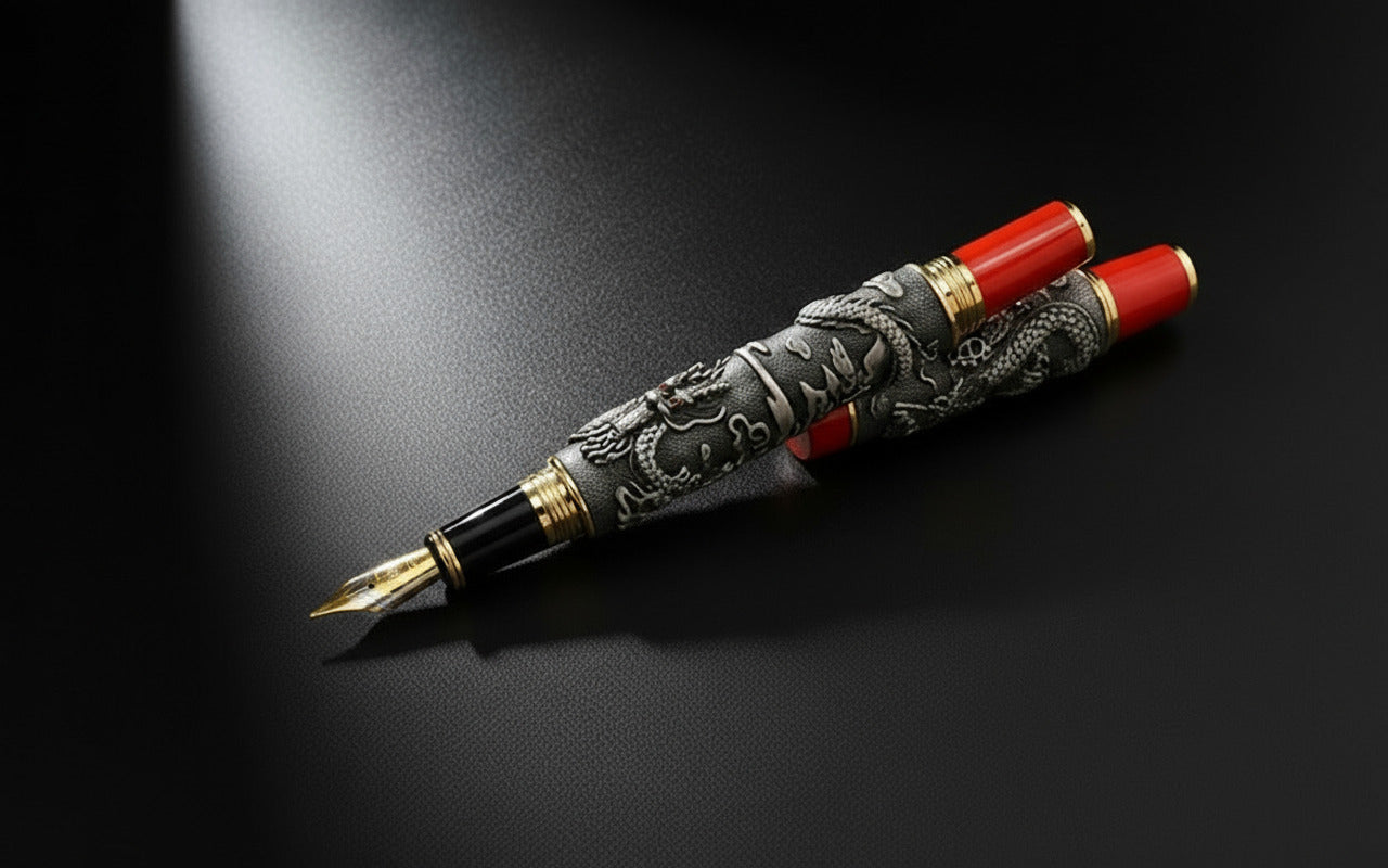 Japanese-style decorative fountain pen set up against ornate display stand on black background