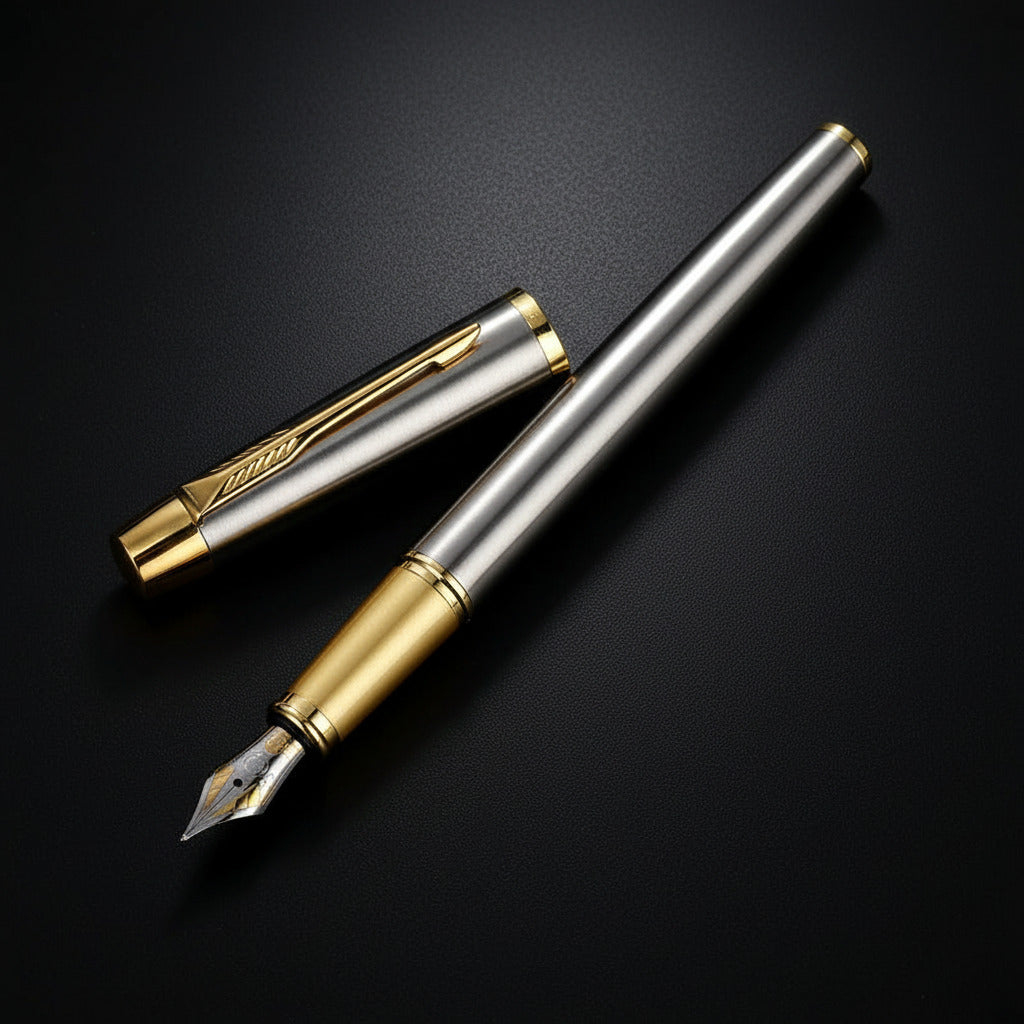 Silver fountain pen with gold accents on a dark surface