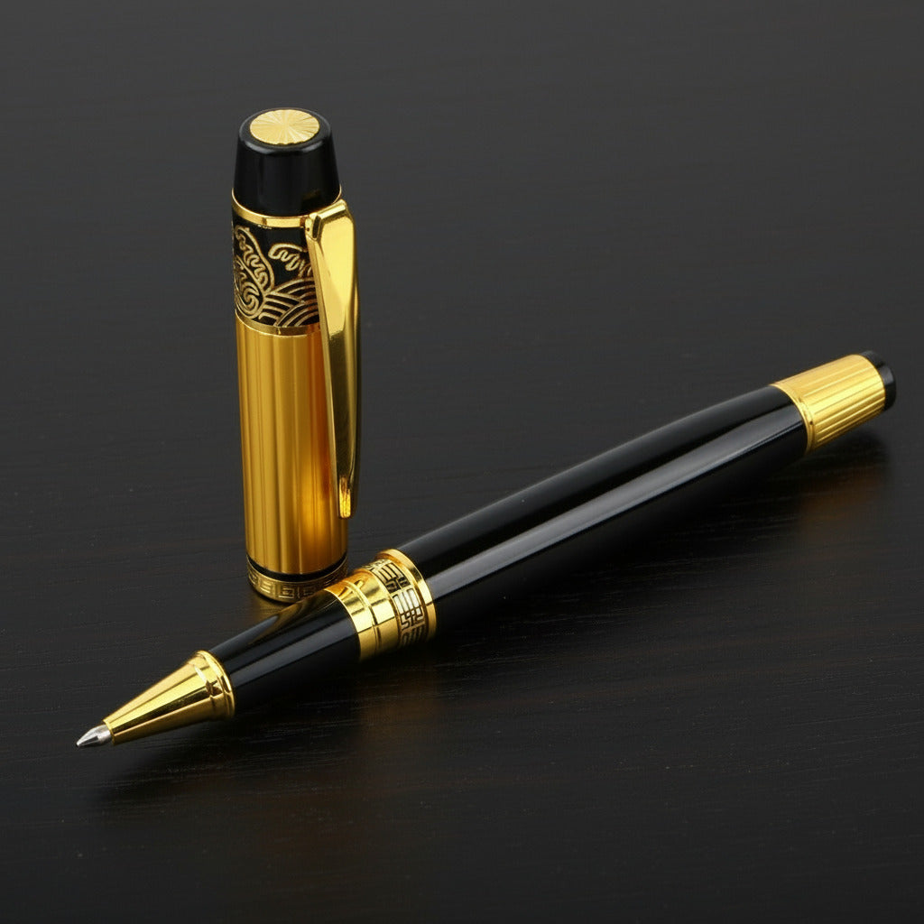 Black and gold pen on a dark wooden background