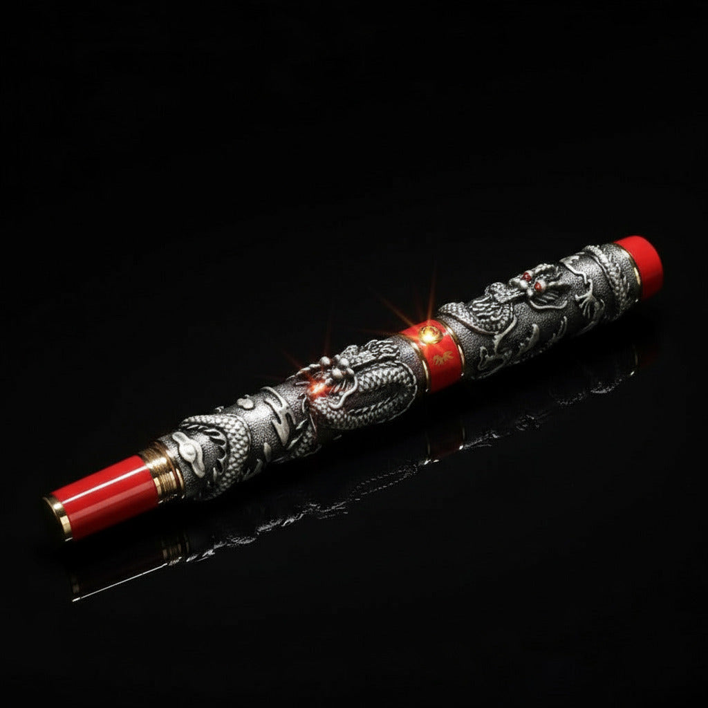 Japanese-style decorative fountain pen on black background