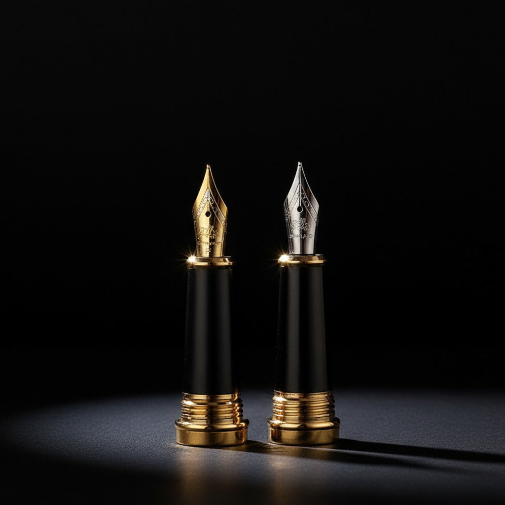 Japanese-style decorative fountain pen nibs set up against ornate display stand on black background