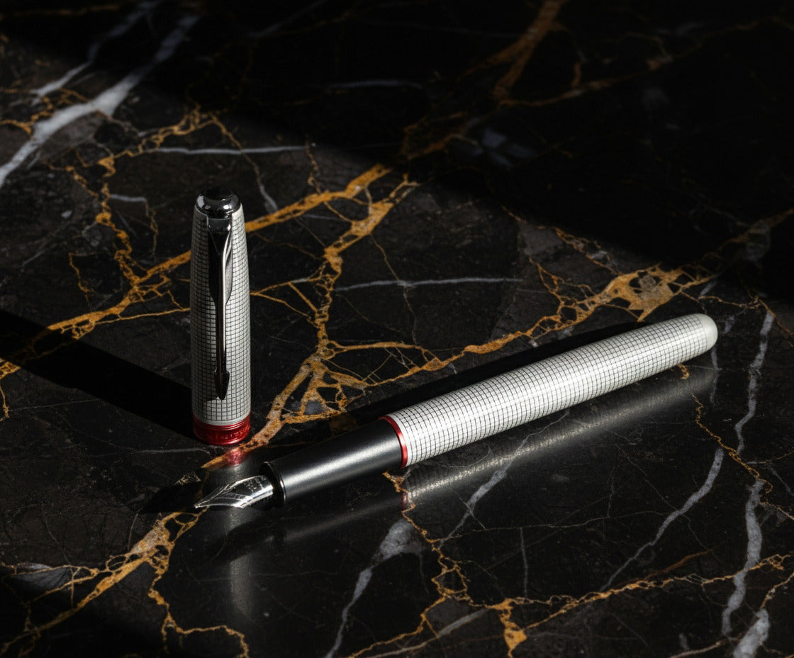 Fountain pen with detailed design on a black and gold marble background