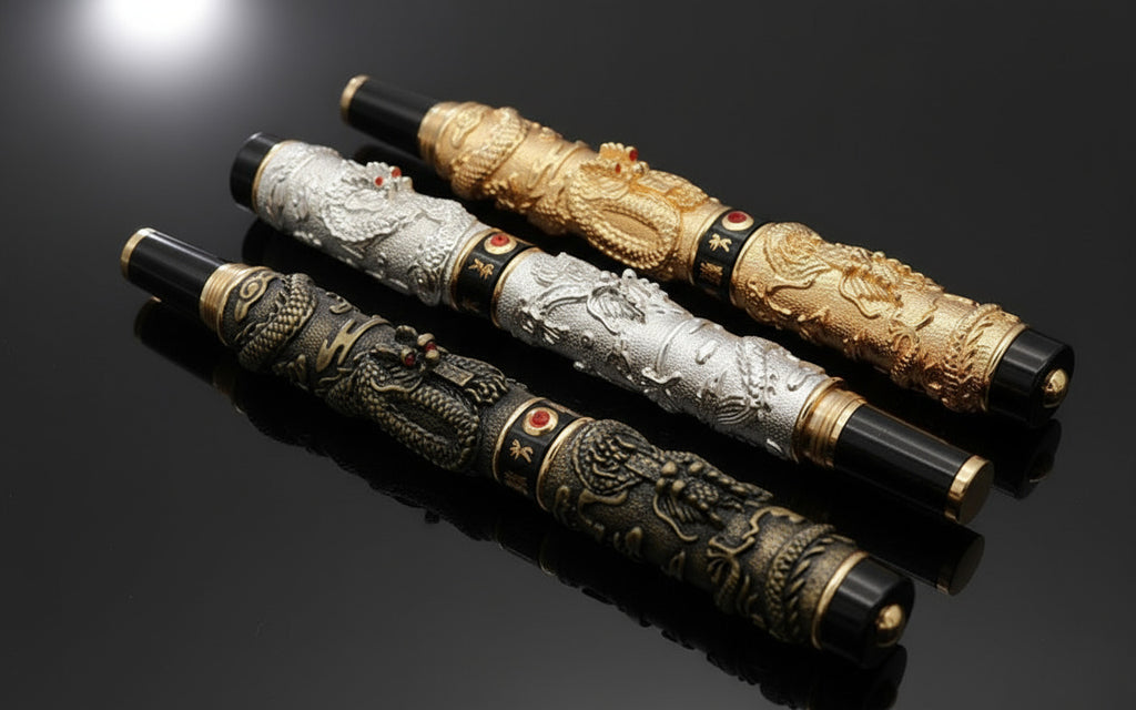 Three ornate pens with intricate designs on a dark surface