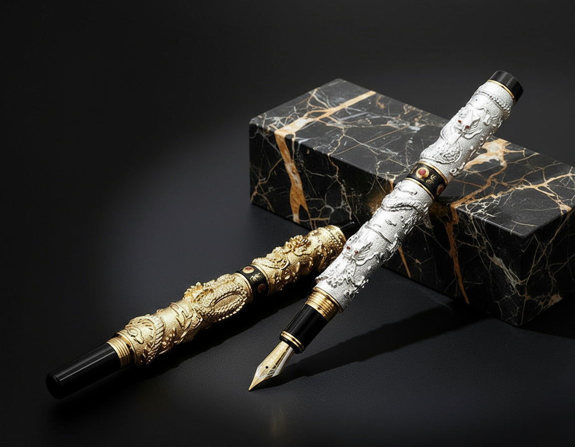 
Japanese-style decorative fountain pen set up against ornate display stand on black background
