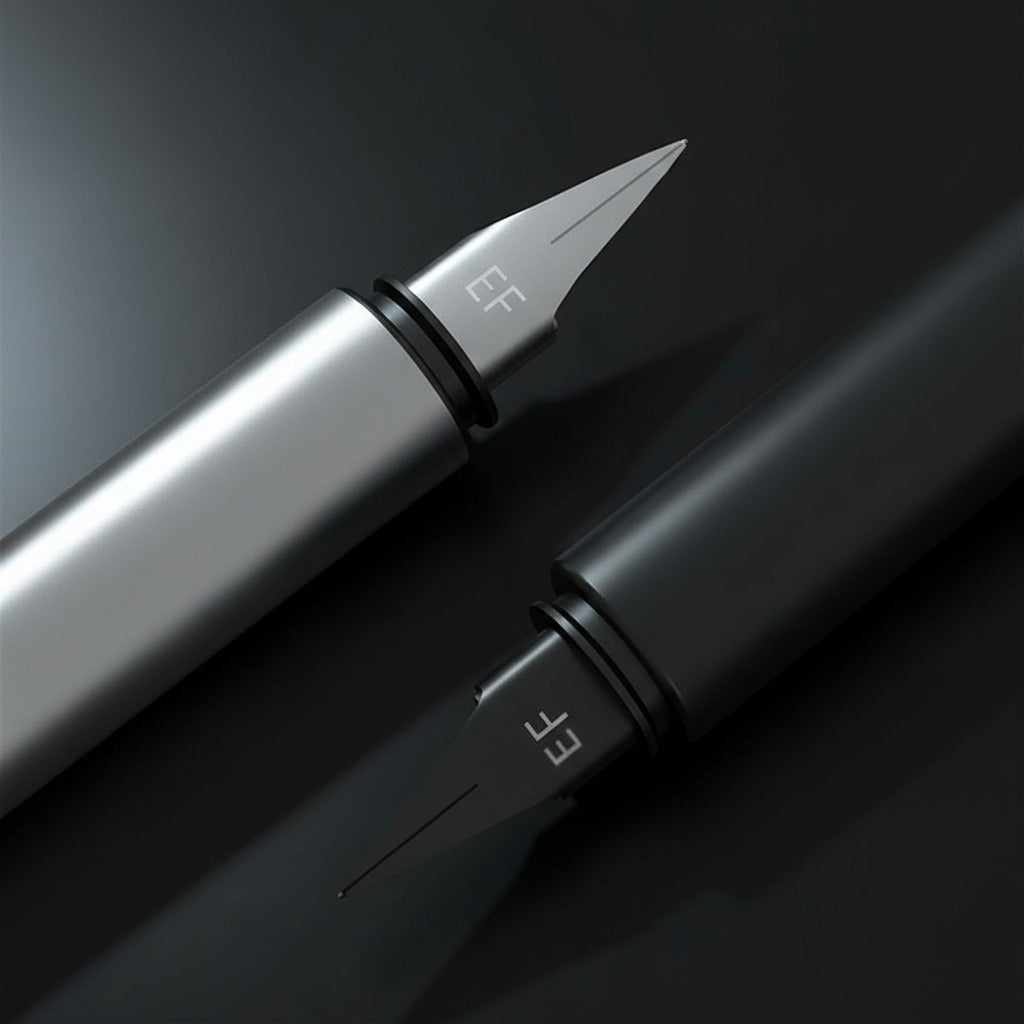 Two fountain pens with nibs on a black background