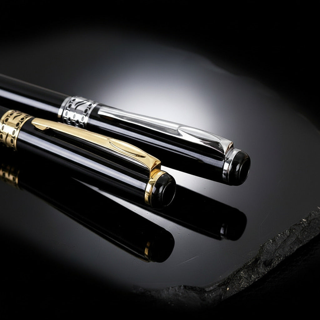 Two pens, one black and gold and the other silver and black, on a black shiny surface