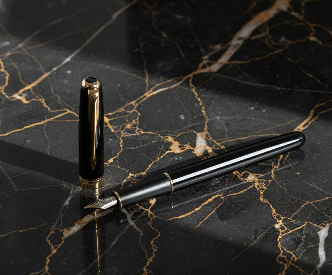 Fountain pen with detailed design on a black and gold marble background
