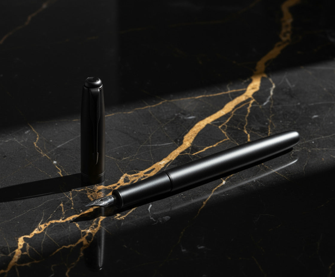 Fountain pen with detailed design on a black and gold marble background