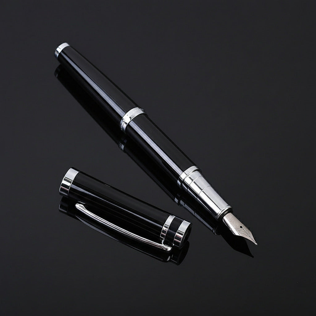 Fountain pen with cap on a black surface