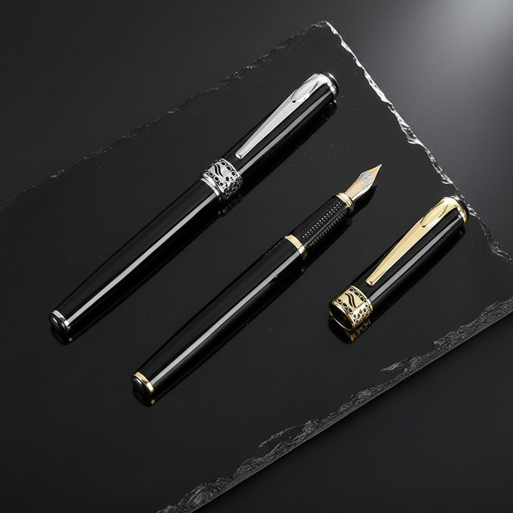 Fountain pen set with black and gold accents on a dark surface