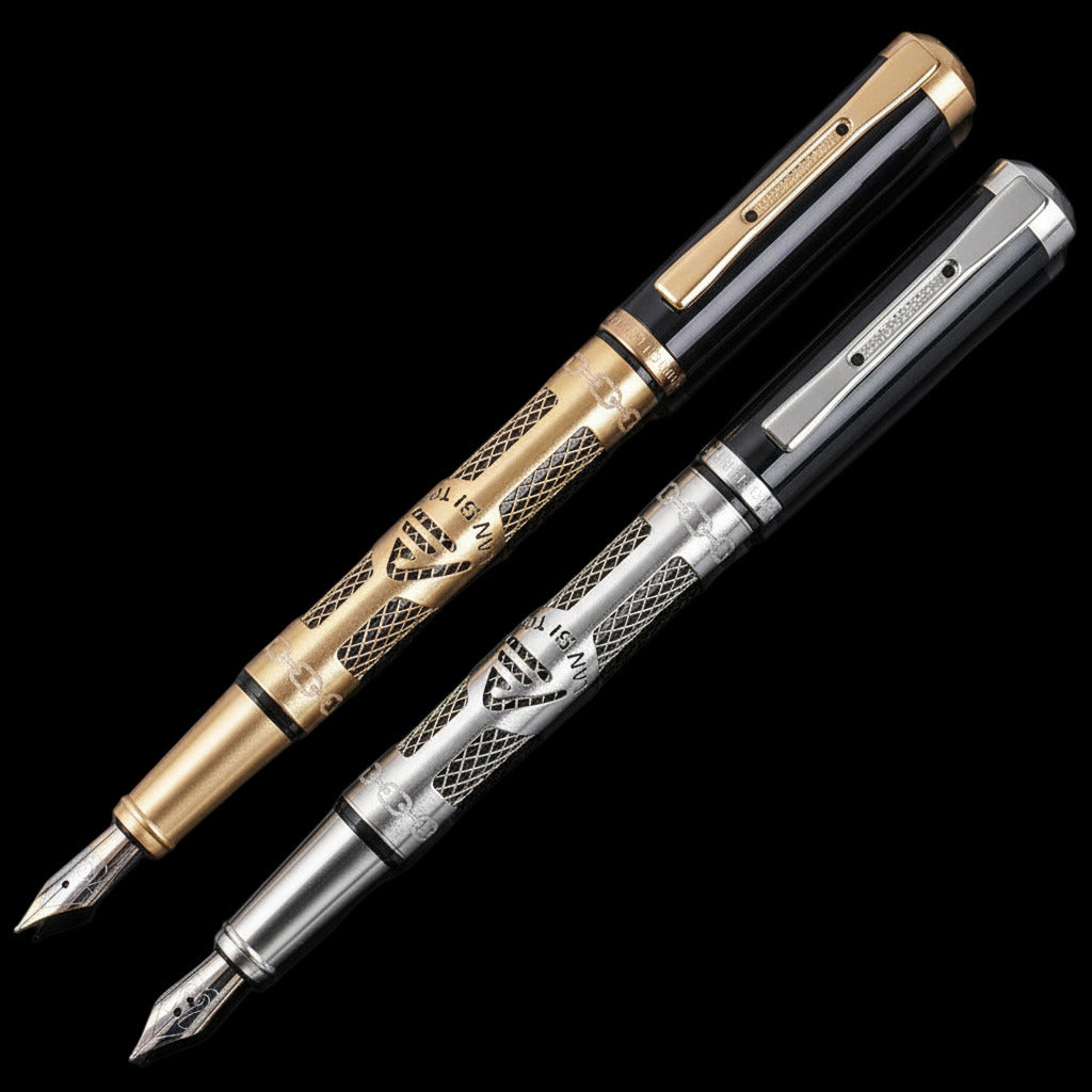 Two fountain pens, one gold and silver, the other black and gold, on a black background.