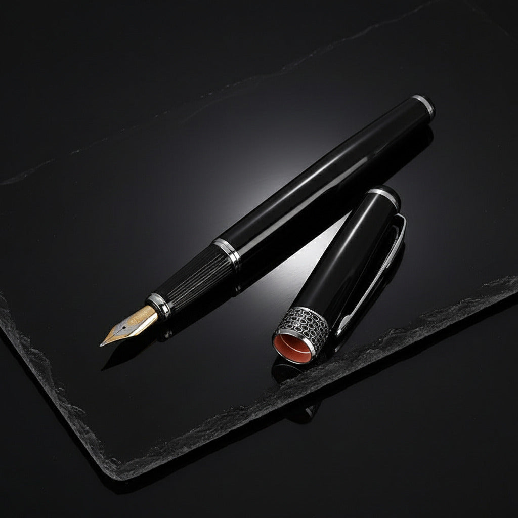A black fountain pen on a black surface