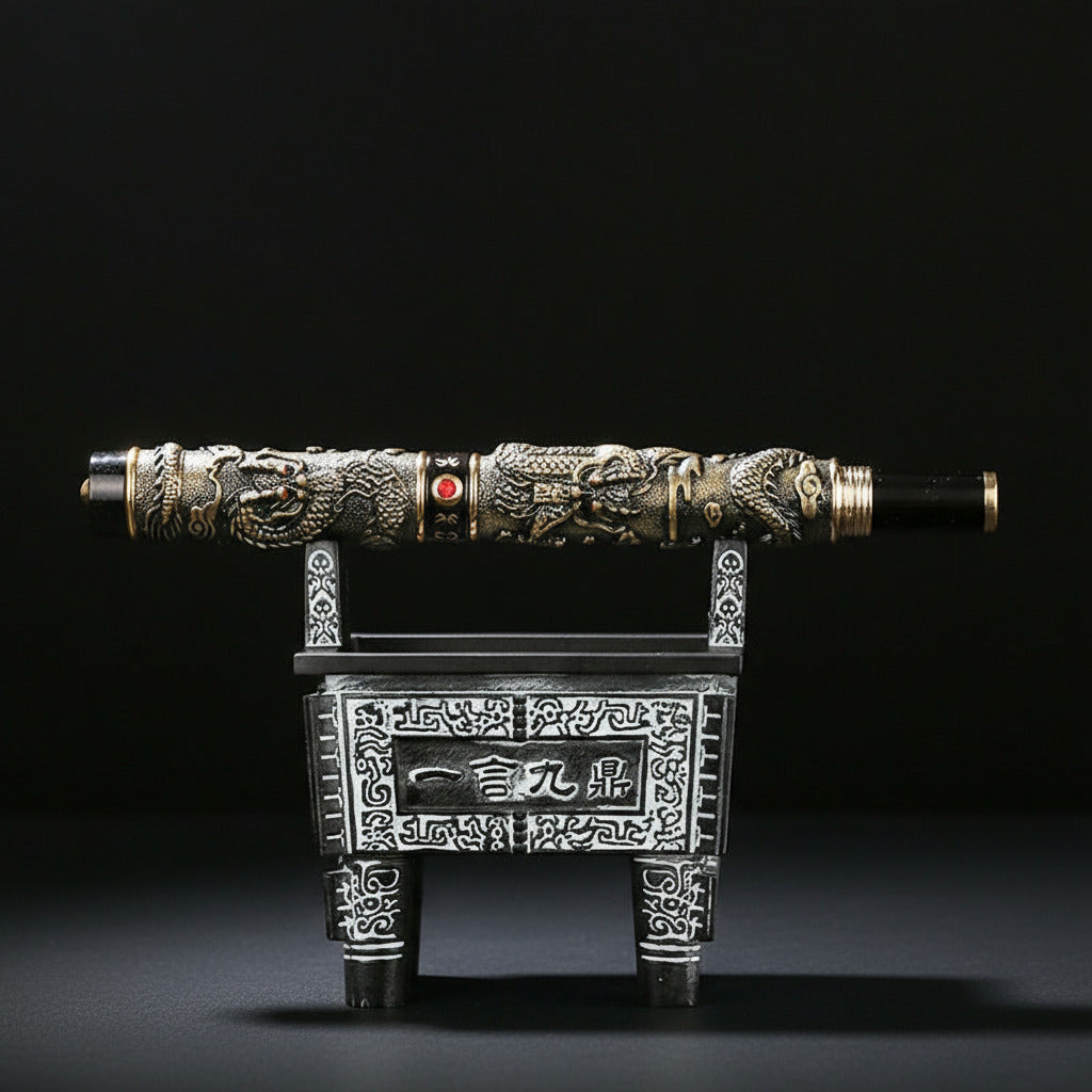 Japanese-style decorative fountain pen set on ornate display stand on black background