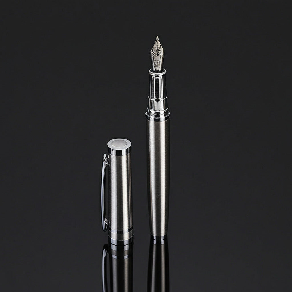 Silver fountain pen on a black surface