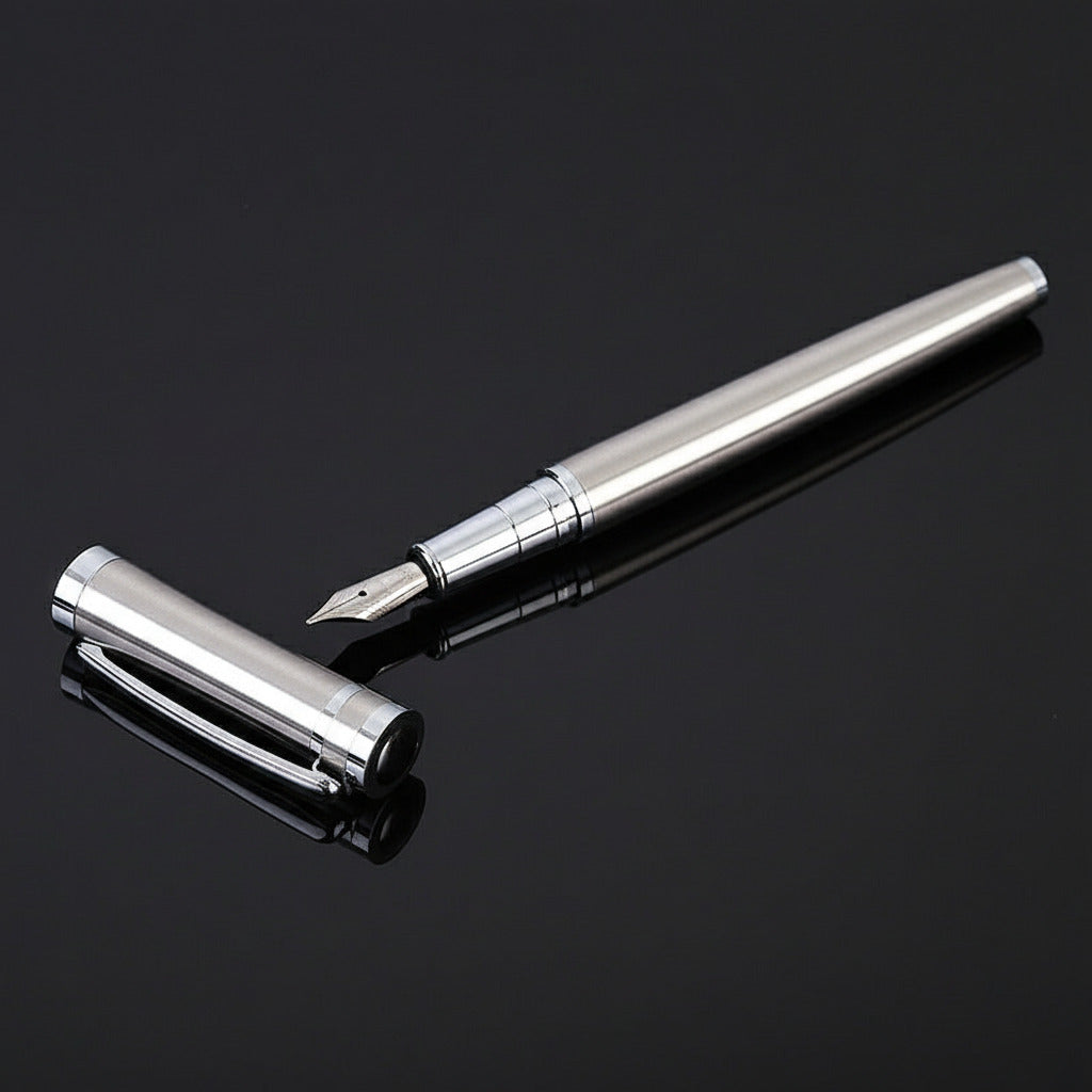 Silver fountain pen on a black surface