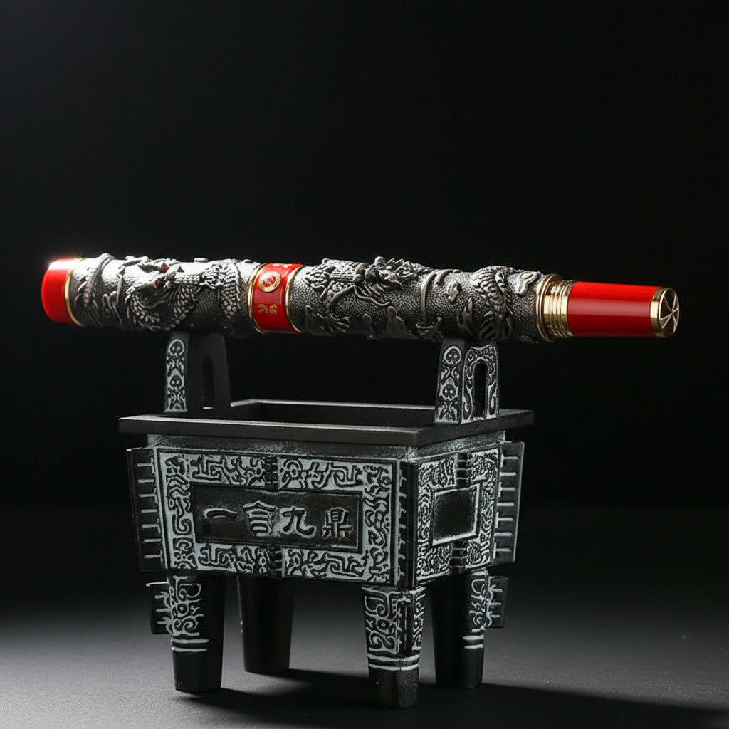 Japanese-style Decorative Fountain Pen set on Display Stand on black background