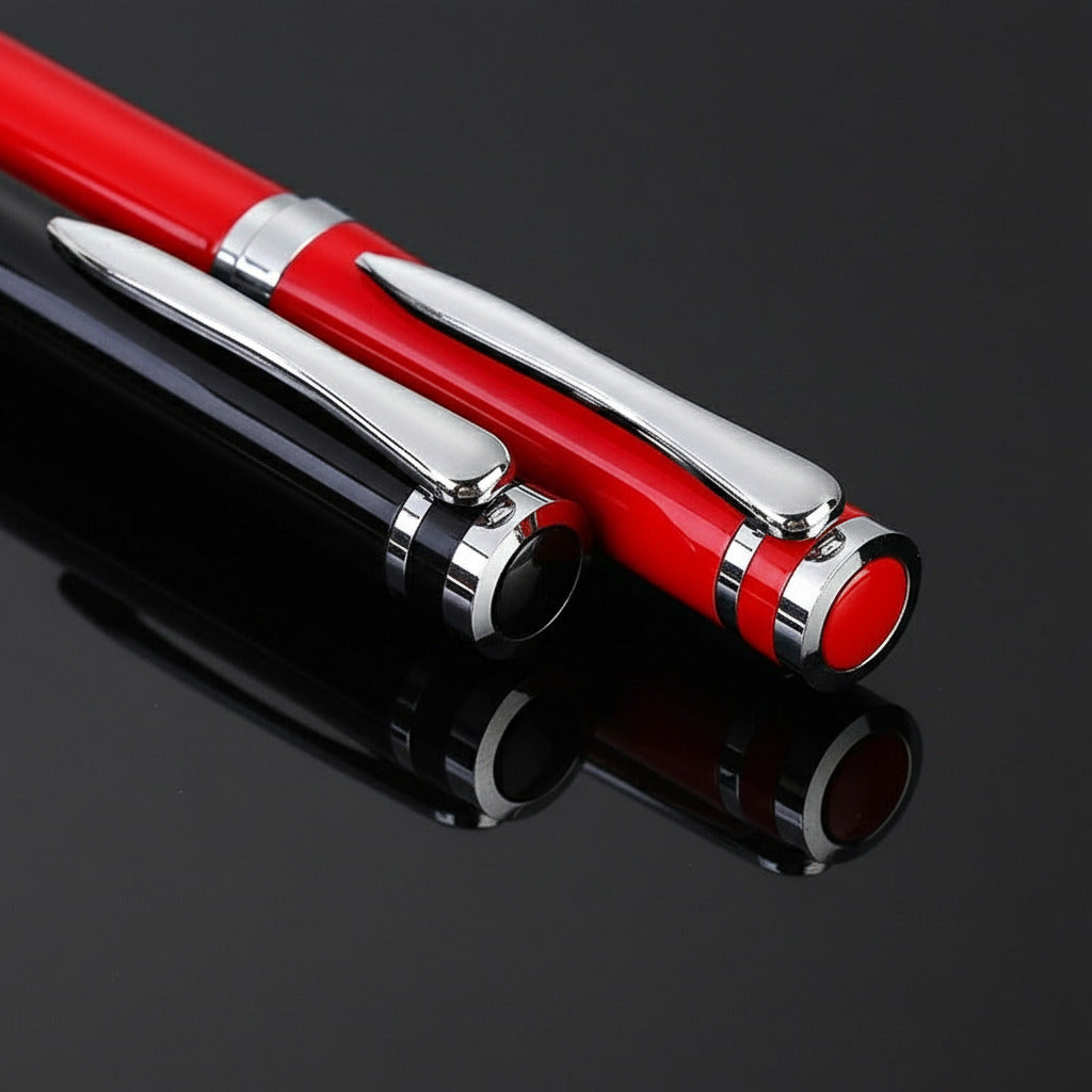 Red and black pen with chrome accents