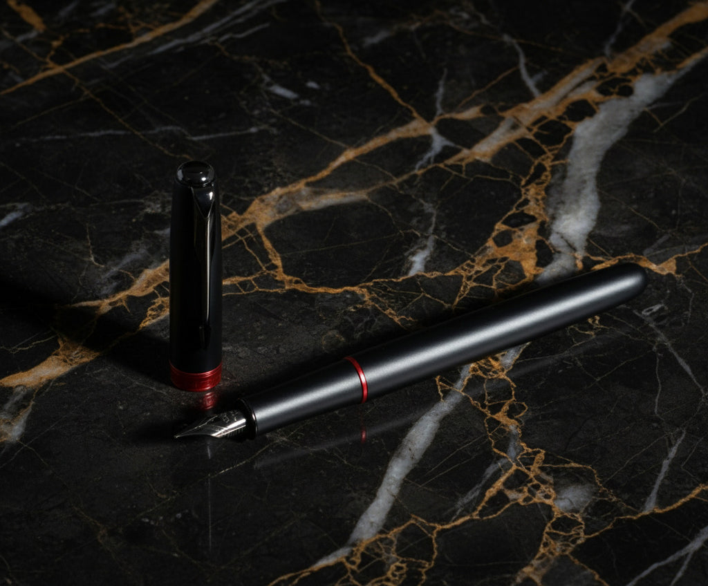 Fountain pen with detailed design on a black and gold marble background