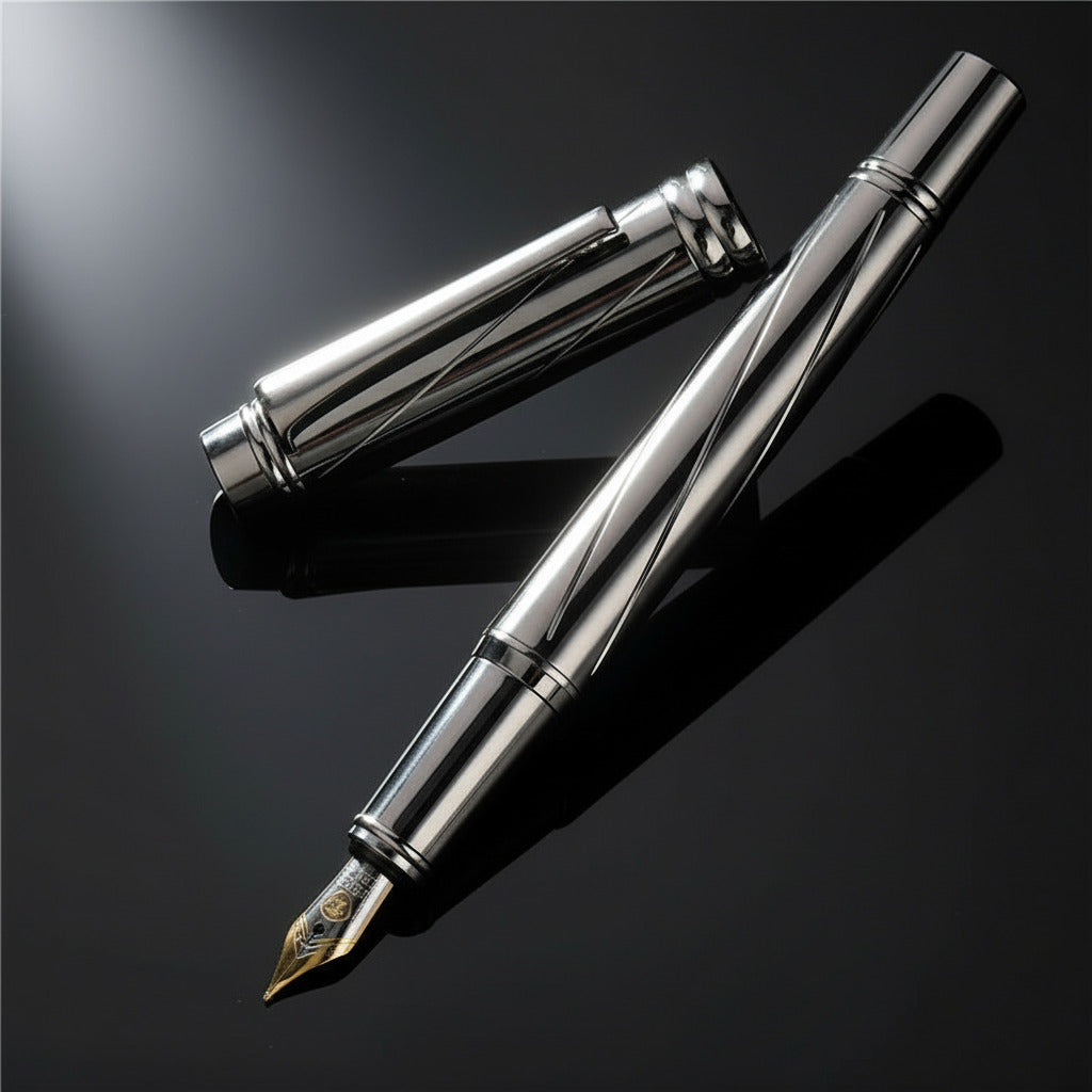 Silver fountain pen on a dark surface