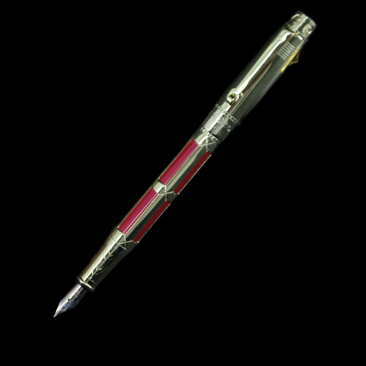 Decorative pen with red accents on a dark background
