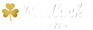 Logo of Mr Lucky Pens with a gold shamrock on a black background