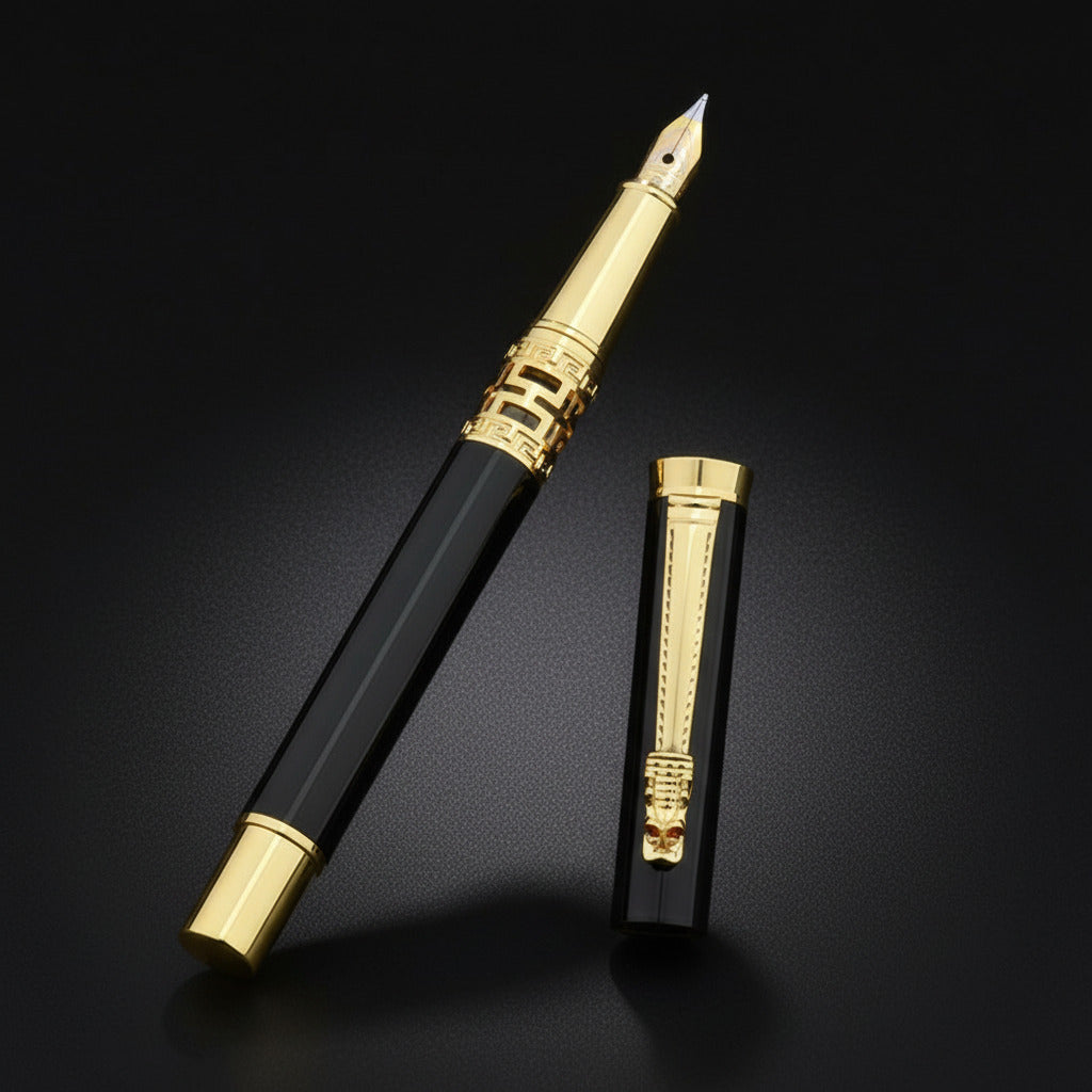 Fountain pen with gold accents on a black background