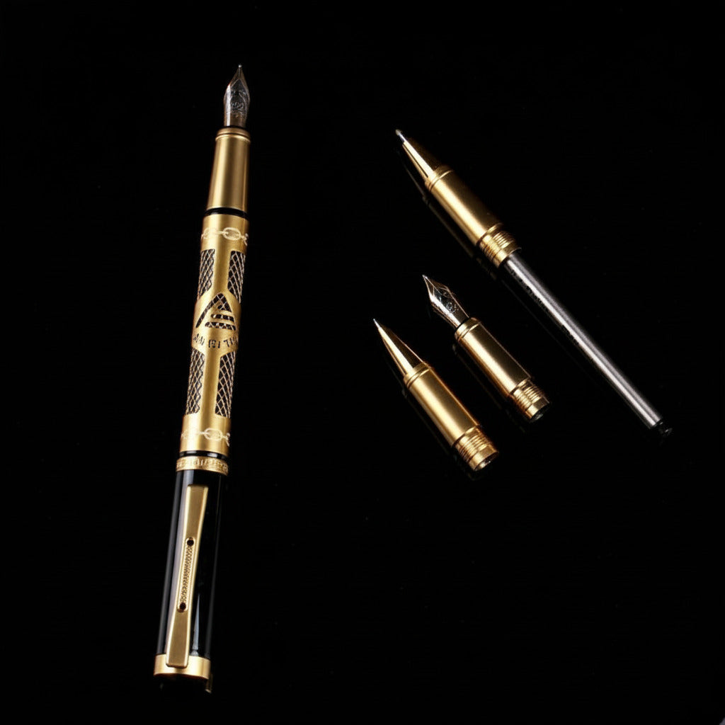 Gold fountain pen with accessories on a black background