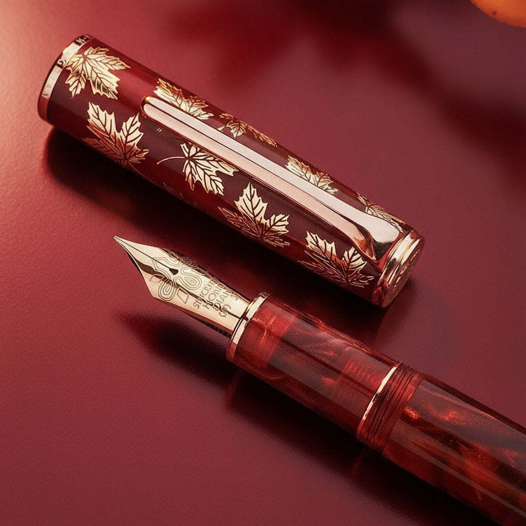 Decorative red and gold fountain pen on a red background