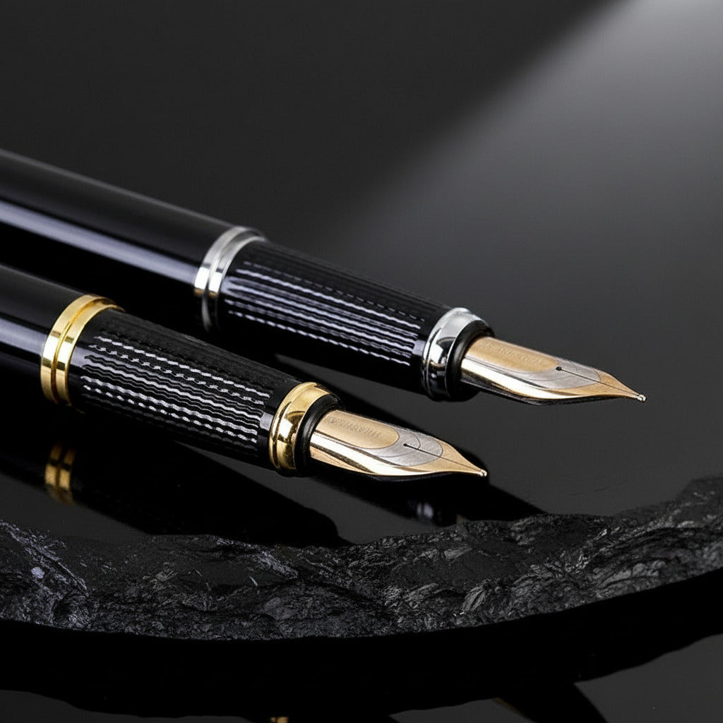 Two fountain pens with gold nibs on a dark surface