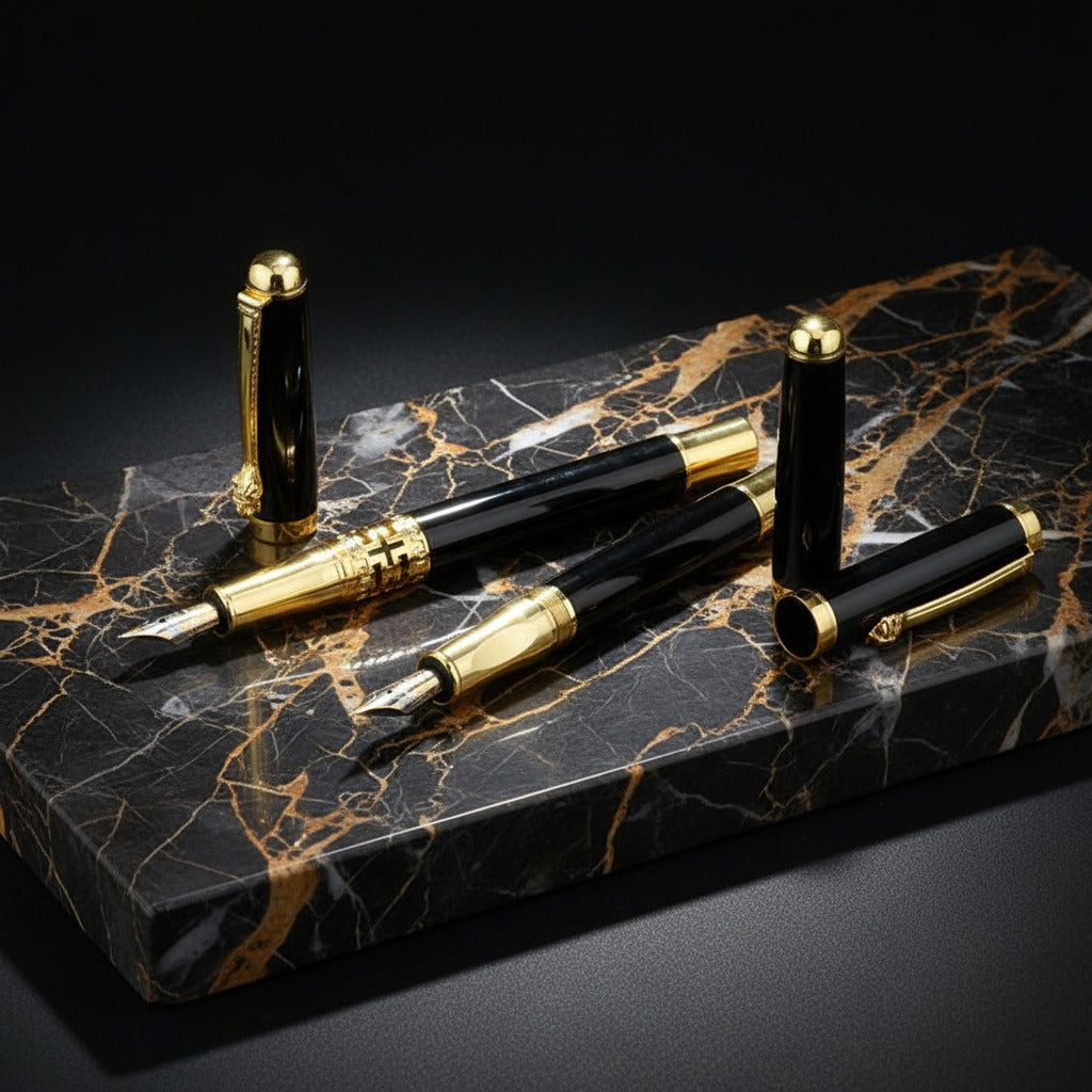 Fountain pen set with gold accents on a black background
