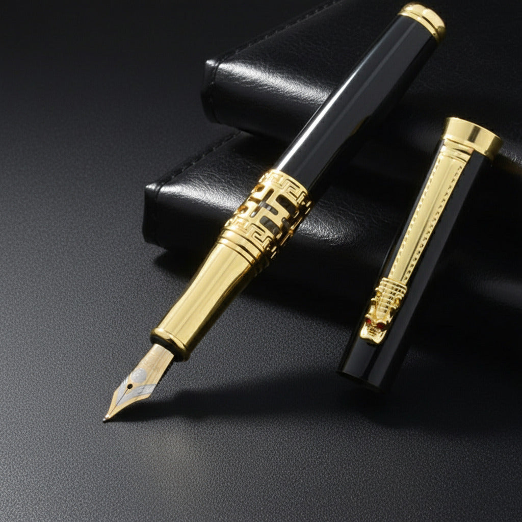 Fountain pen with gold accents on a black background
