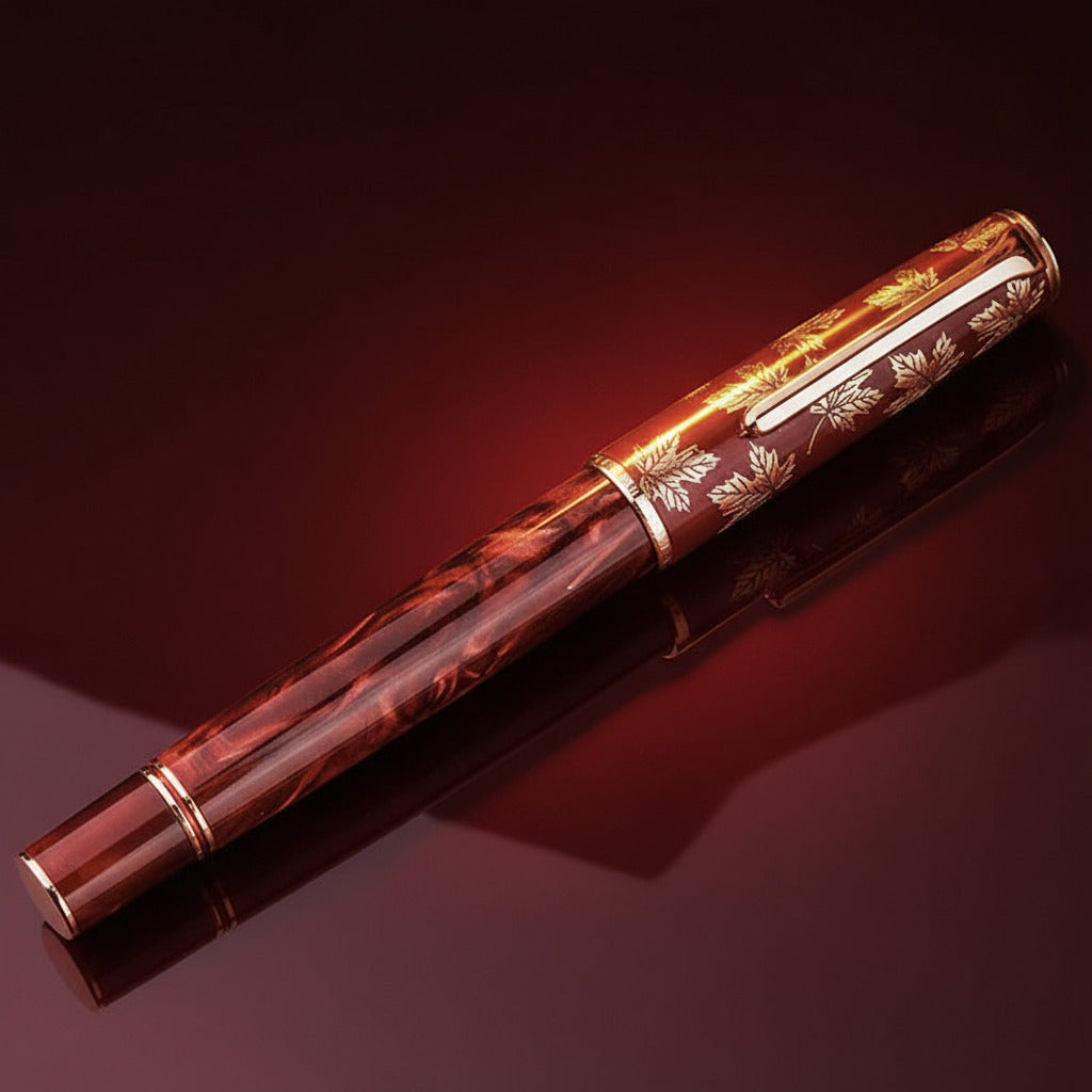 Decorative pen with floral design on a red background